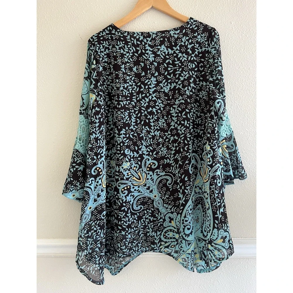 Lady Noiz Floral Bell Sleeve Top Size L Boho Fairy Asymmetric Festival Mermaid